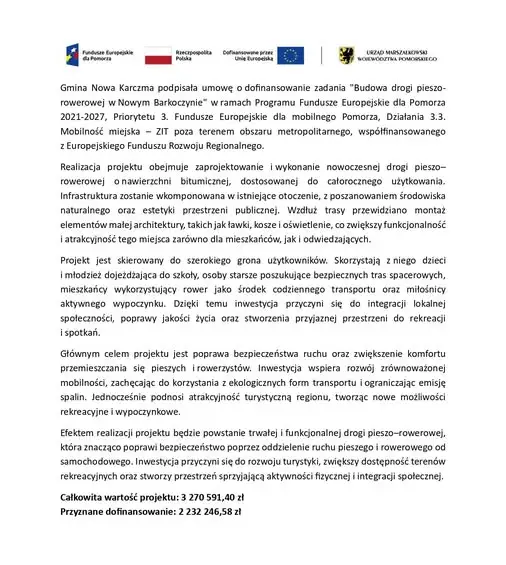 Nowa Karczma: unijne wsparcie na ścieżkę pieszo-rowerową w Nowym Barkoczynie